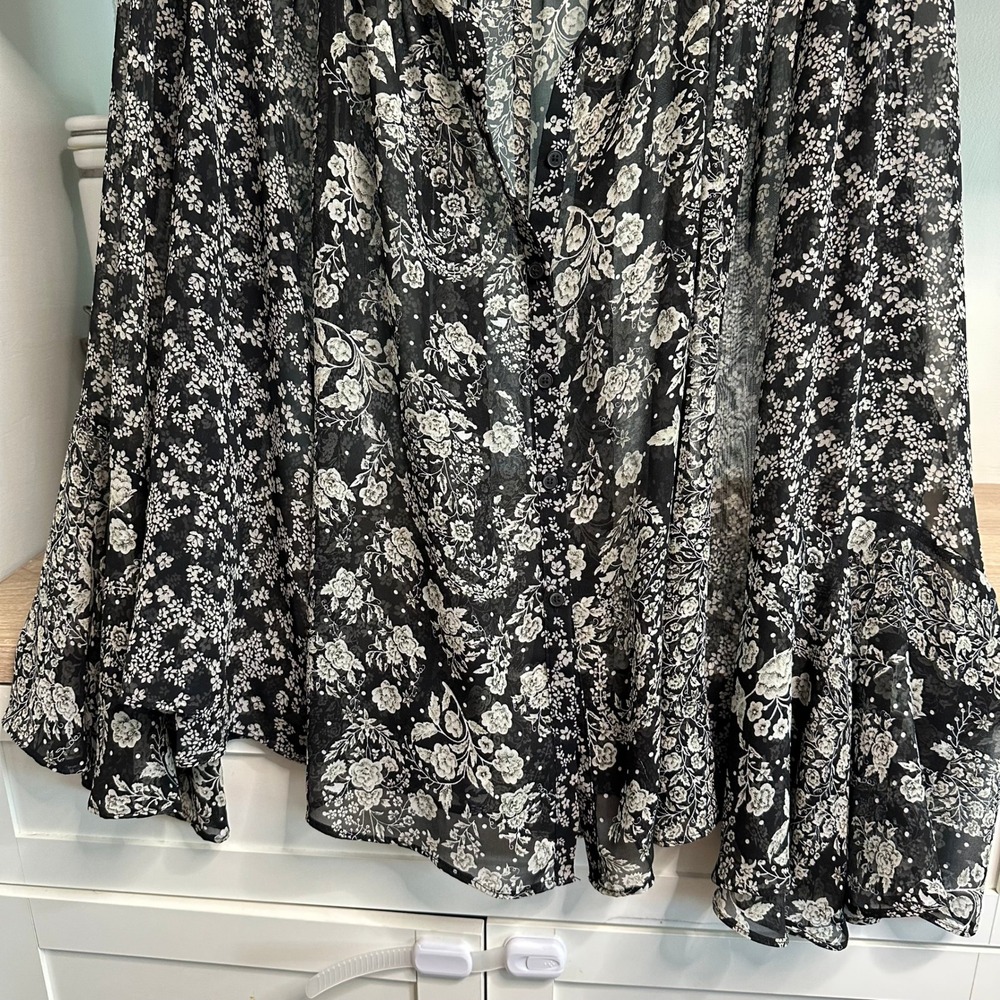 Bohemian Sheer Blouse Womens Black White Dramatic Bell Sleeve Top Ethereal Flowy - Picture 4 of 13